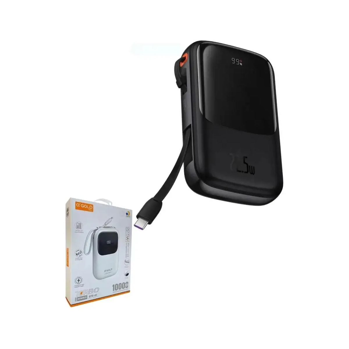 Power Bank αGOLD Pro 10000mAh 22.5W Turbo Carregamento Rápido com Display Digital e Cabo Integrado - ALFA GOLD