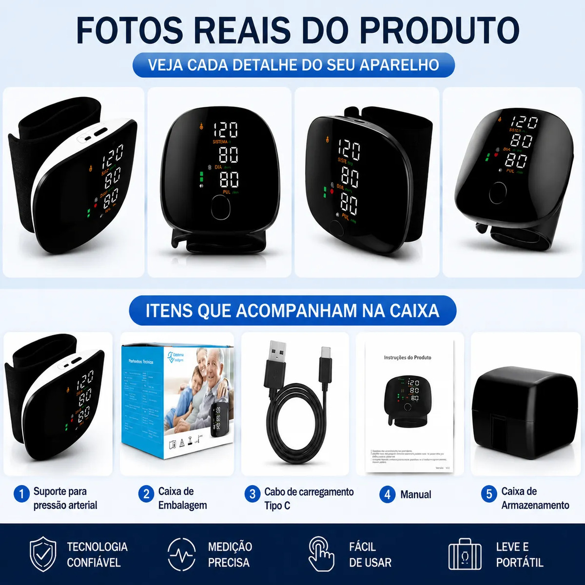 Aparelho Medidor De Pressão Digital Pulso Recarregável USB-C Intelli System Rohs