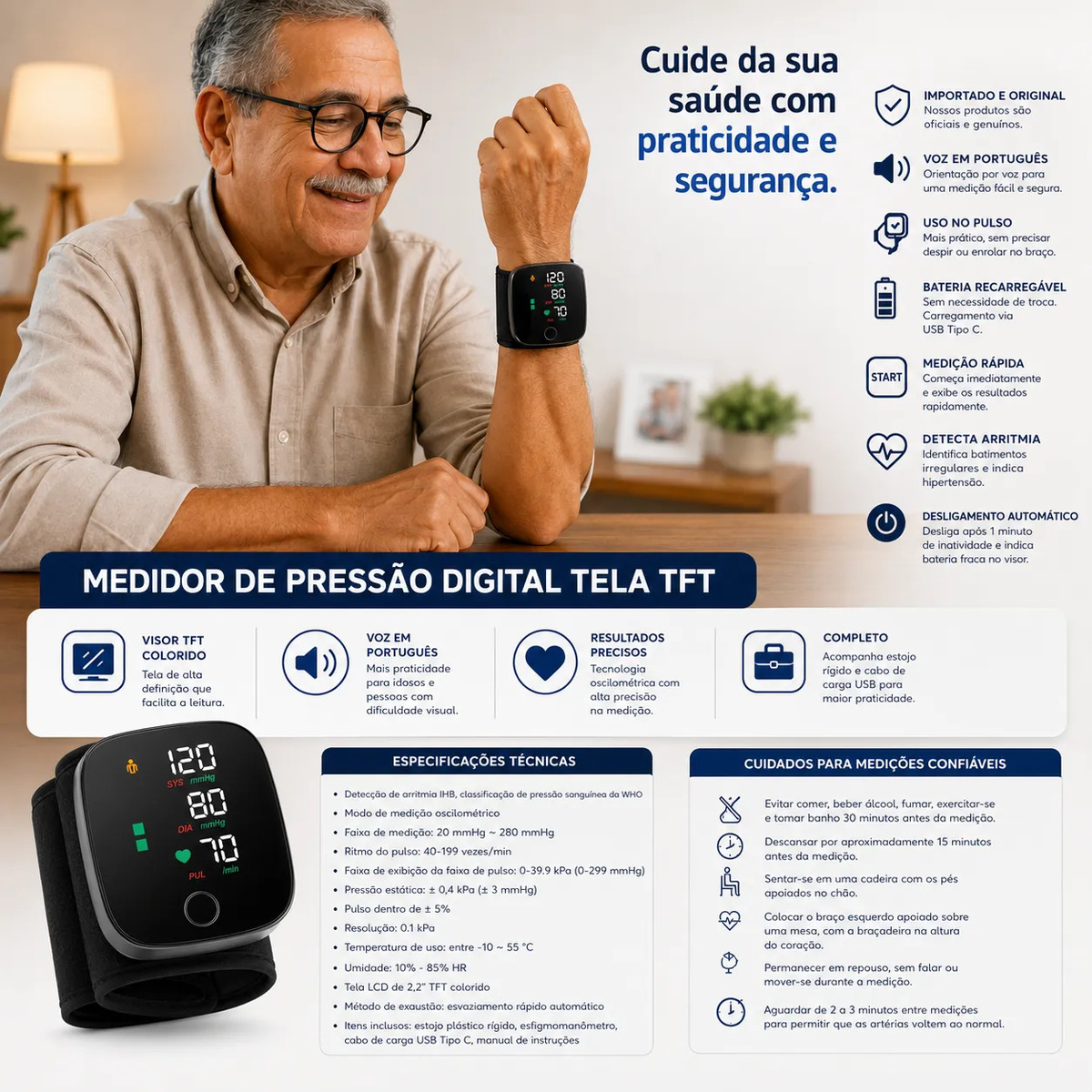 Aparelho Medidor De Pressão Digital Pulso Recarregável USB-C Intelli System Rohs