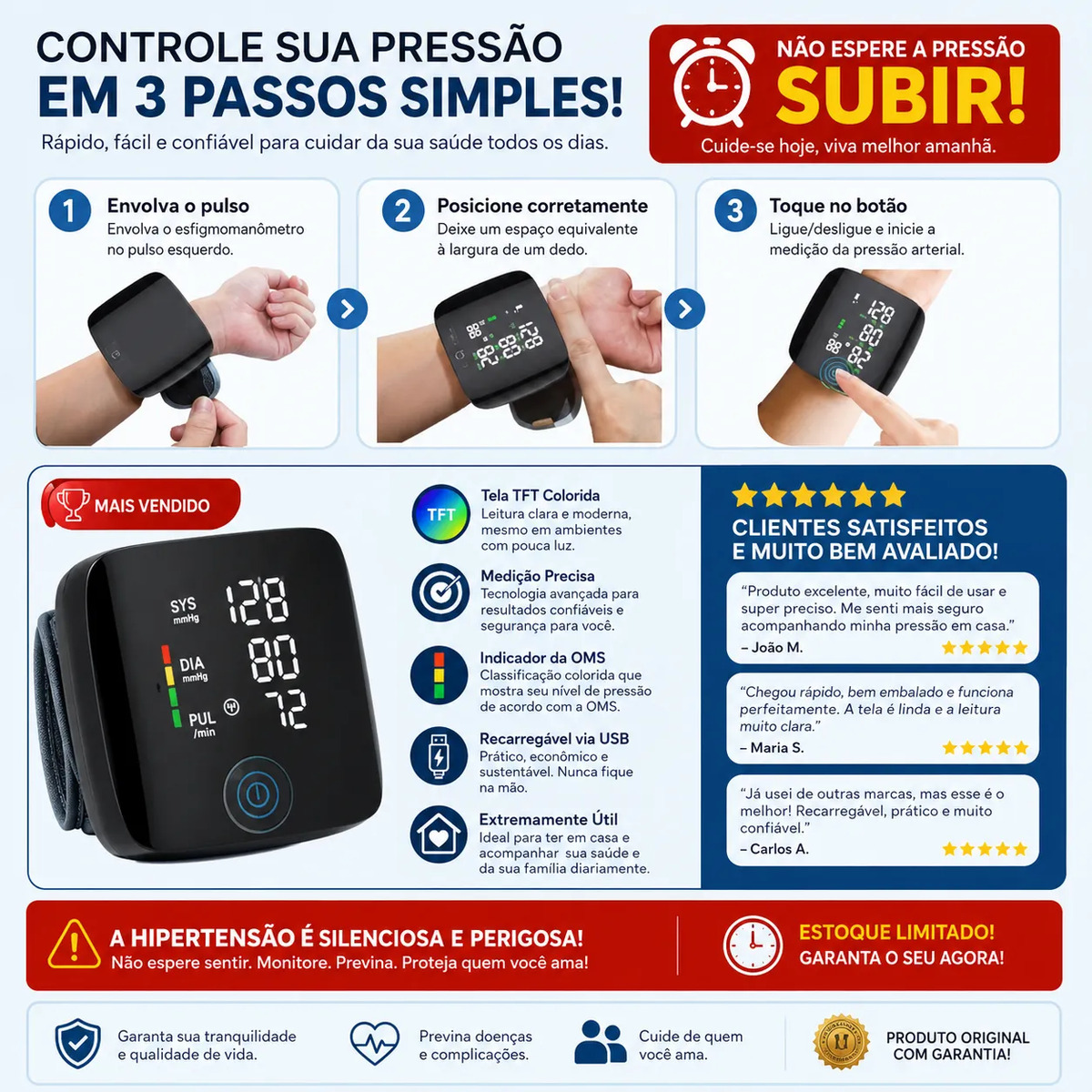 Aparelho Medidor De Pressão Digital Pulso Recarregável USB-C Intelli System Rohs