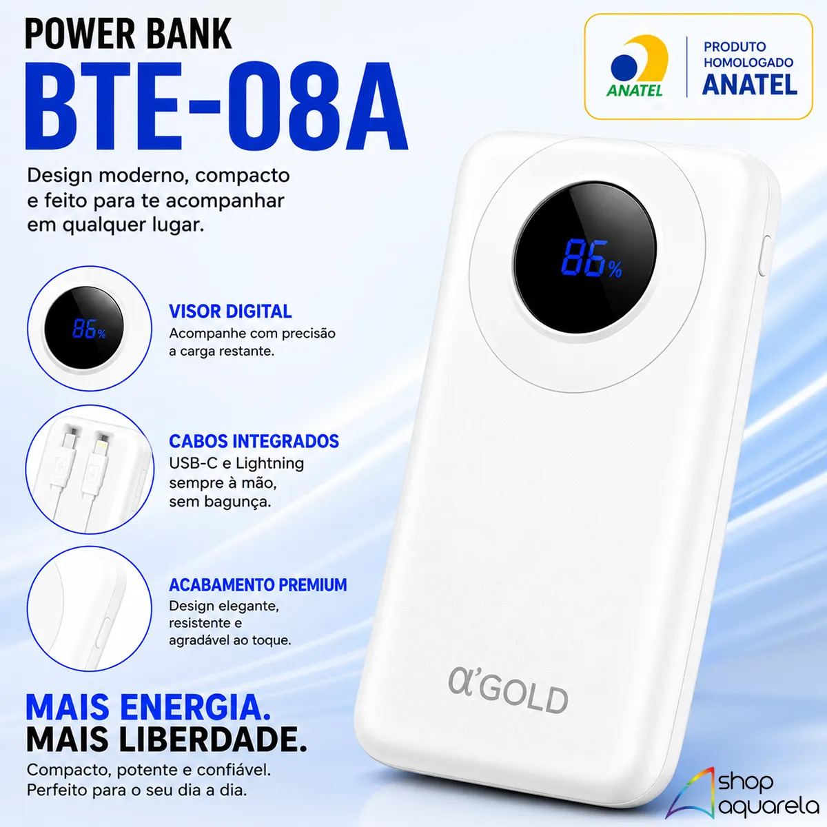 Power Bank Rápido Carregador Portátil A’Gold Pro BTE08A 10000mah Com 2 Cabos 3.1A