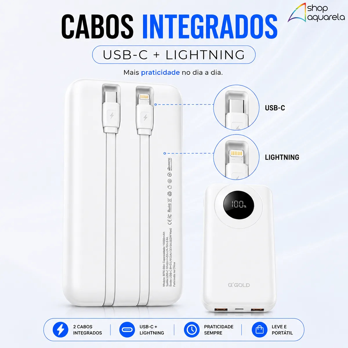 Power Bank Rápido Carregador Portátil A’Gold Pro BTE08A 10000mah Com 2 Cabos 3.1A