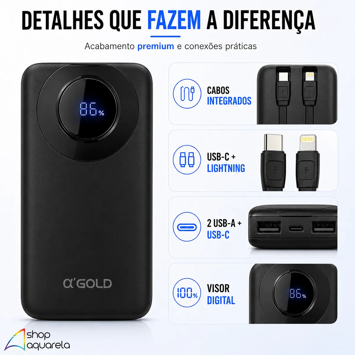 Power Bank Rápido Carregador Portátil A’Gold Pro BTE08A 10000mah Com 2 Cabos 3.1A