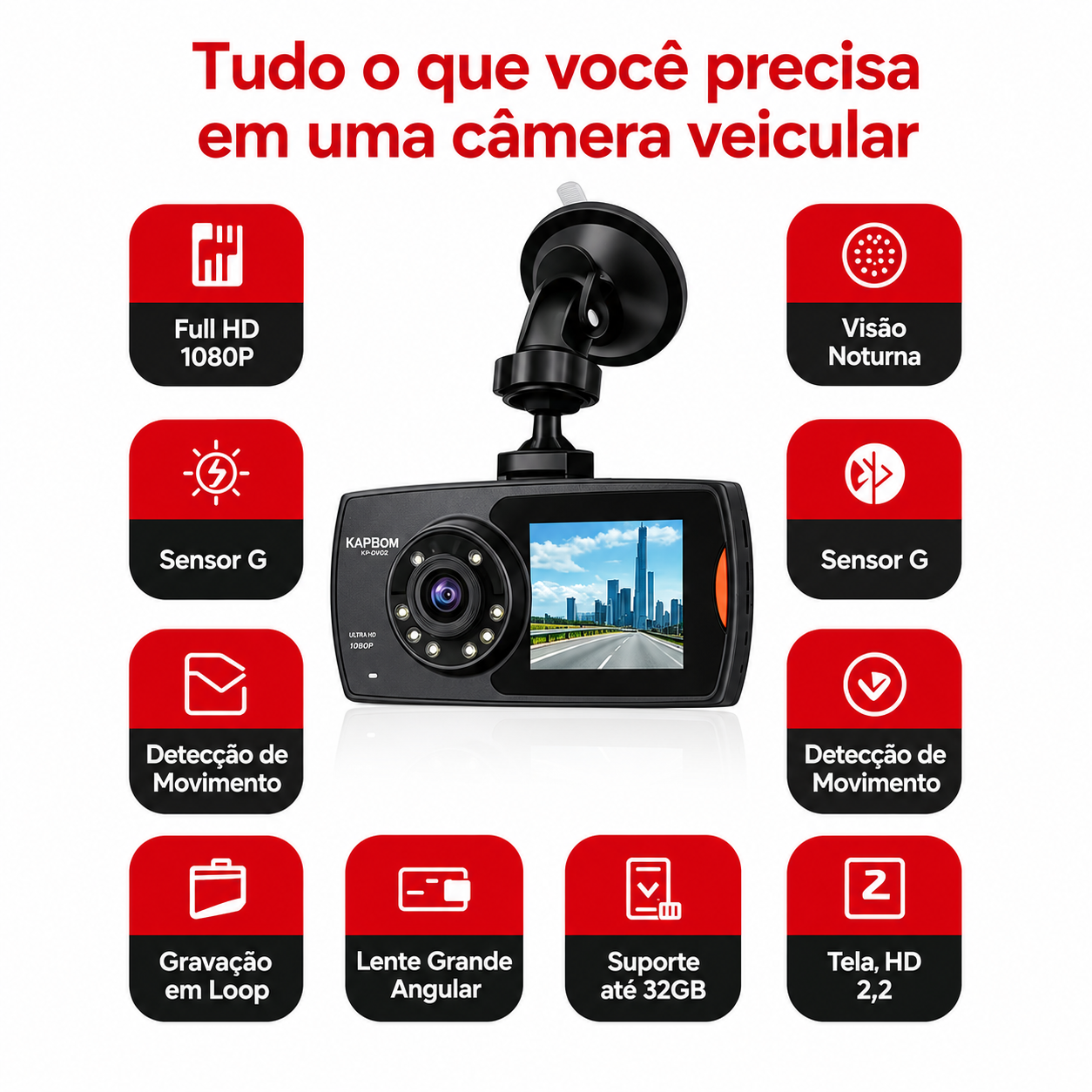 Câmera Veicular Kapbom KA-2398 Full HD 1080p Com Visão Noturna