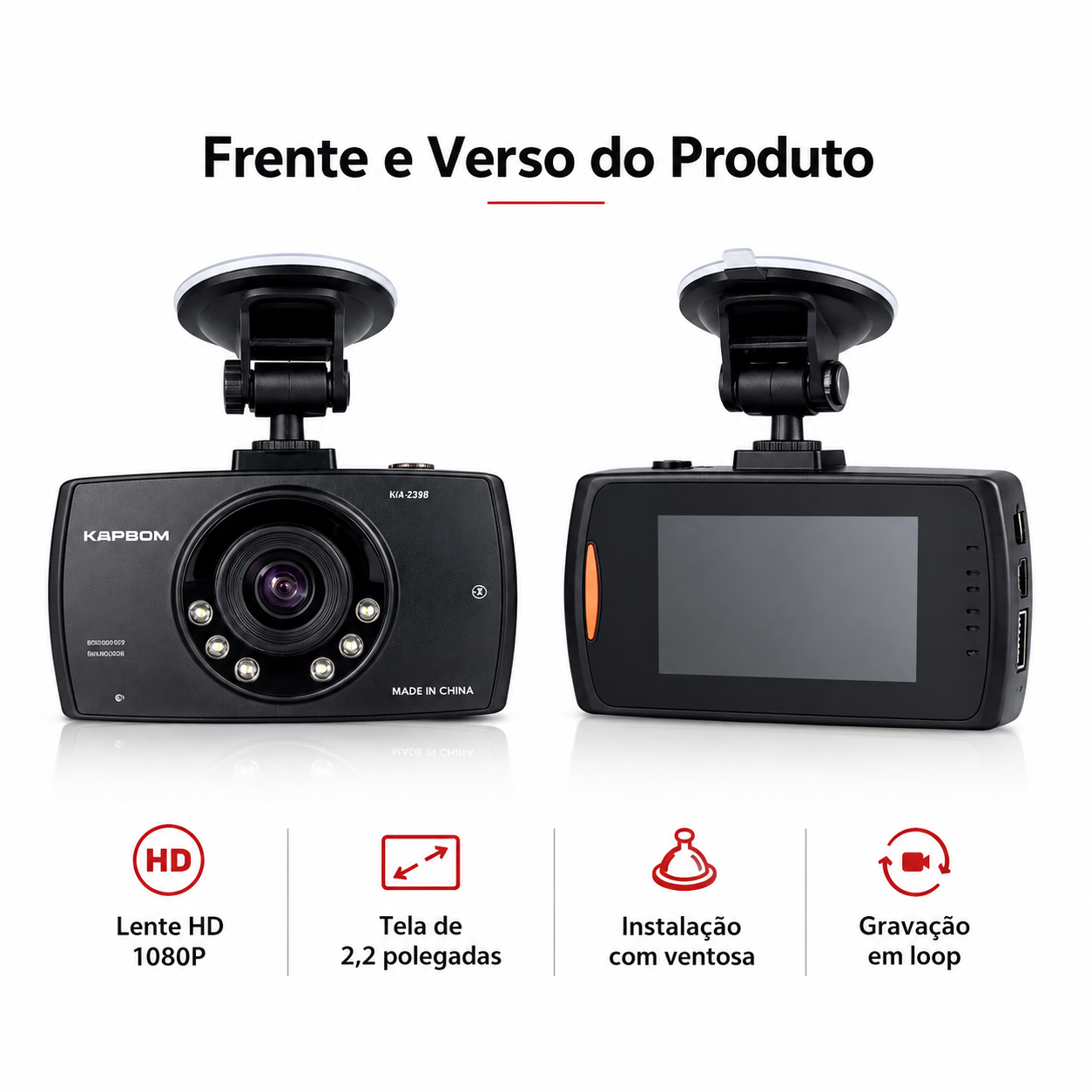 Câmera Veicular Kapbom KA-2398 Full HD 1080p Com Visão Noturna
