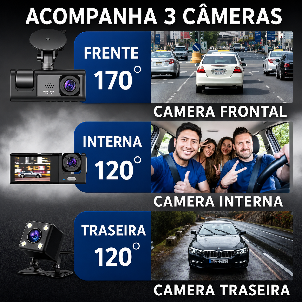 Câmera Interna para Veículo KAPBOM KA-2490 com Gravador de Três Lentes HD