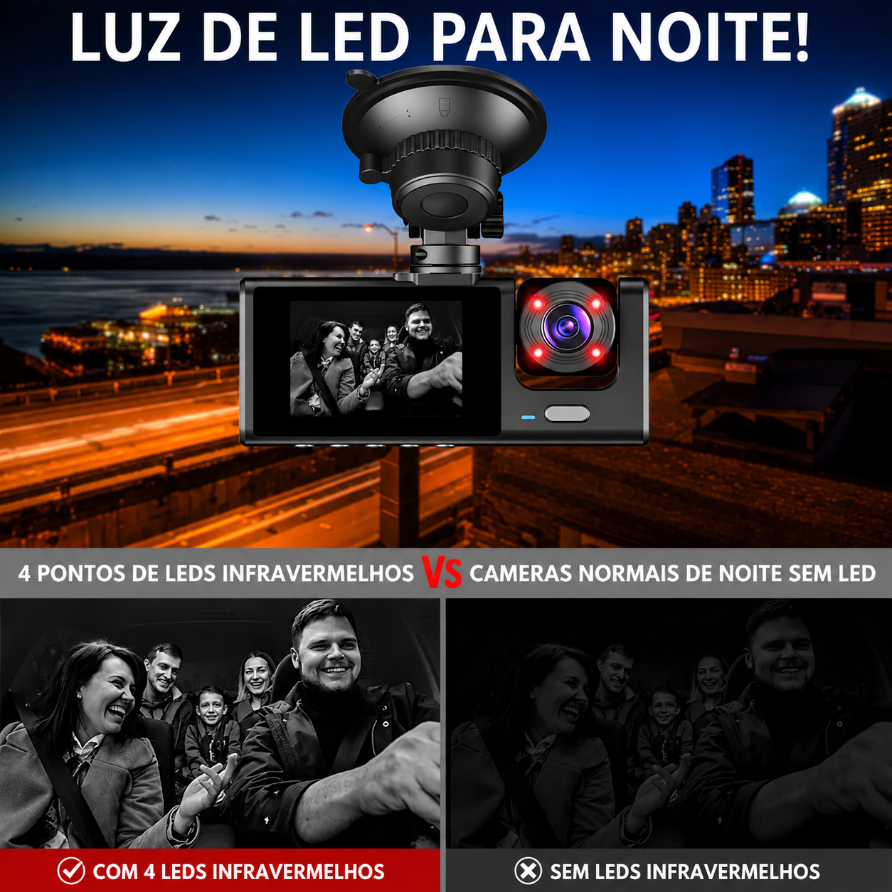 Câmera Interna para Veículo KAPBOM KA-2490 com Gravador de Três Lentes HD