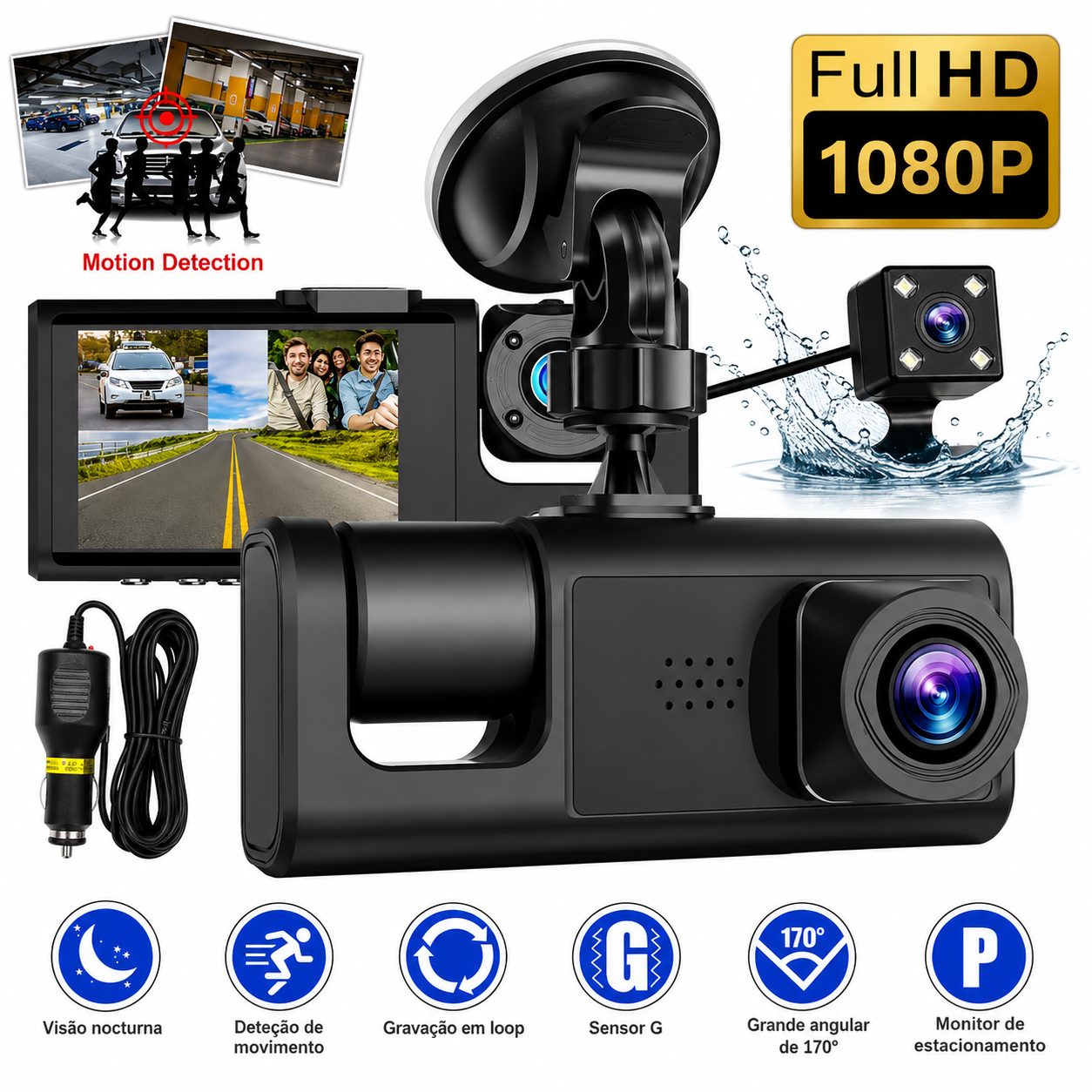 Câmera Interna para Veículo KAPBOM KA-2490 com Gravador de Três Lentes HD