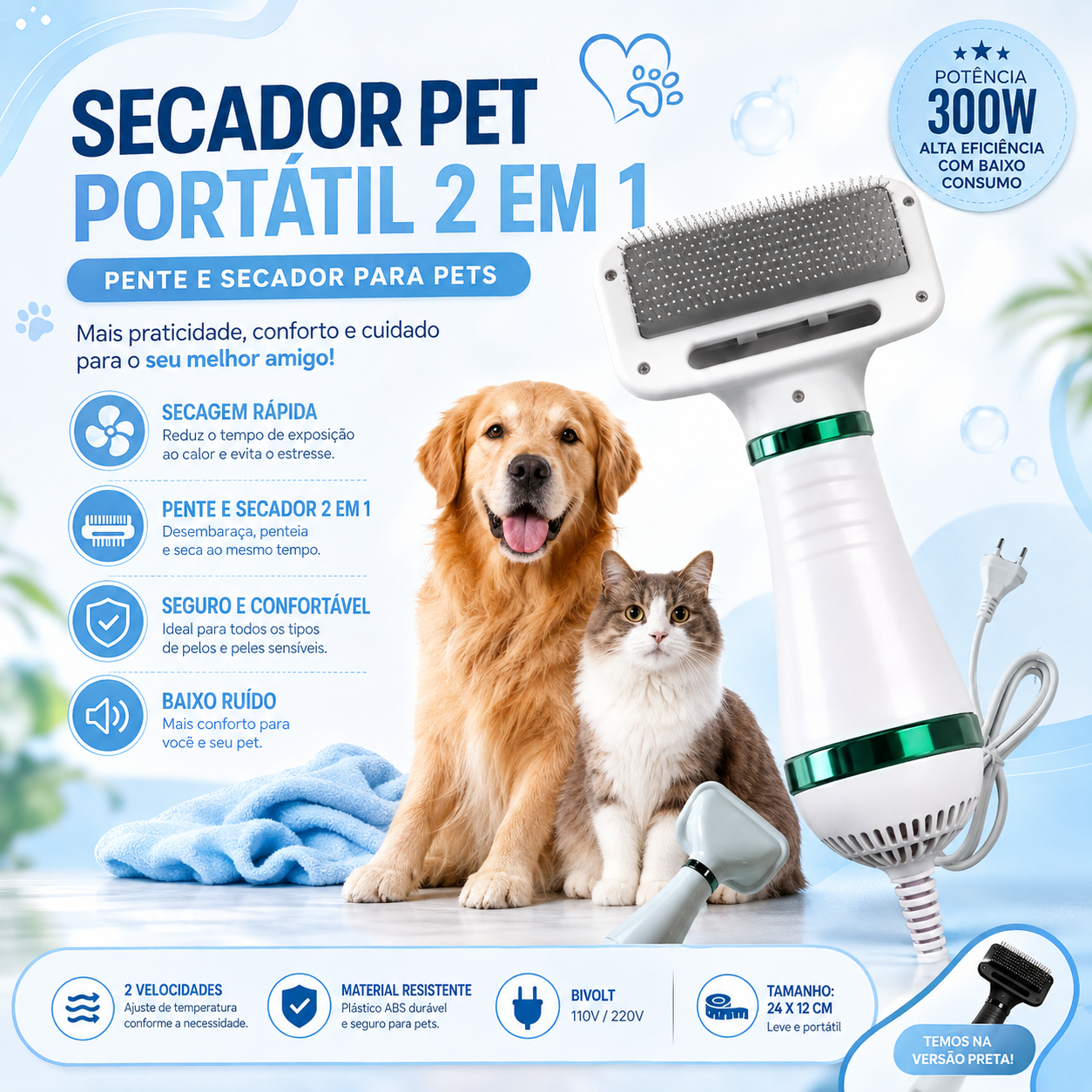 Secador De Cachorro 110V Pente Soprador Banho Pet Gato 2 Em1 ANJGG