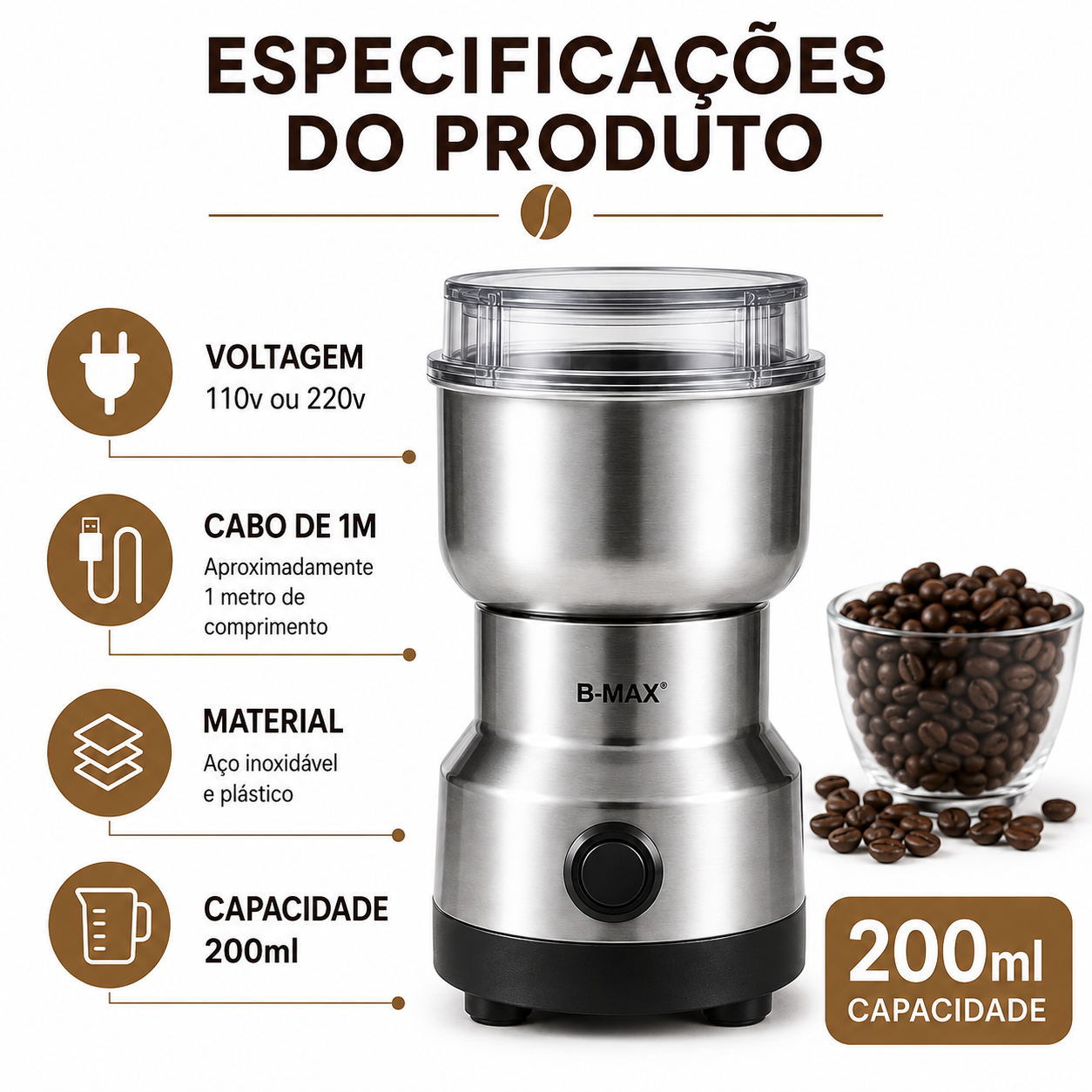 Moedor Café Triturador Processador Grãos Inox Elétrico BMAX BM-F3402