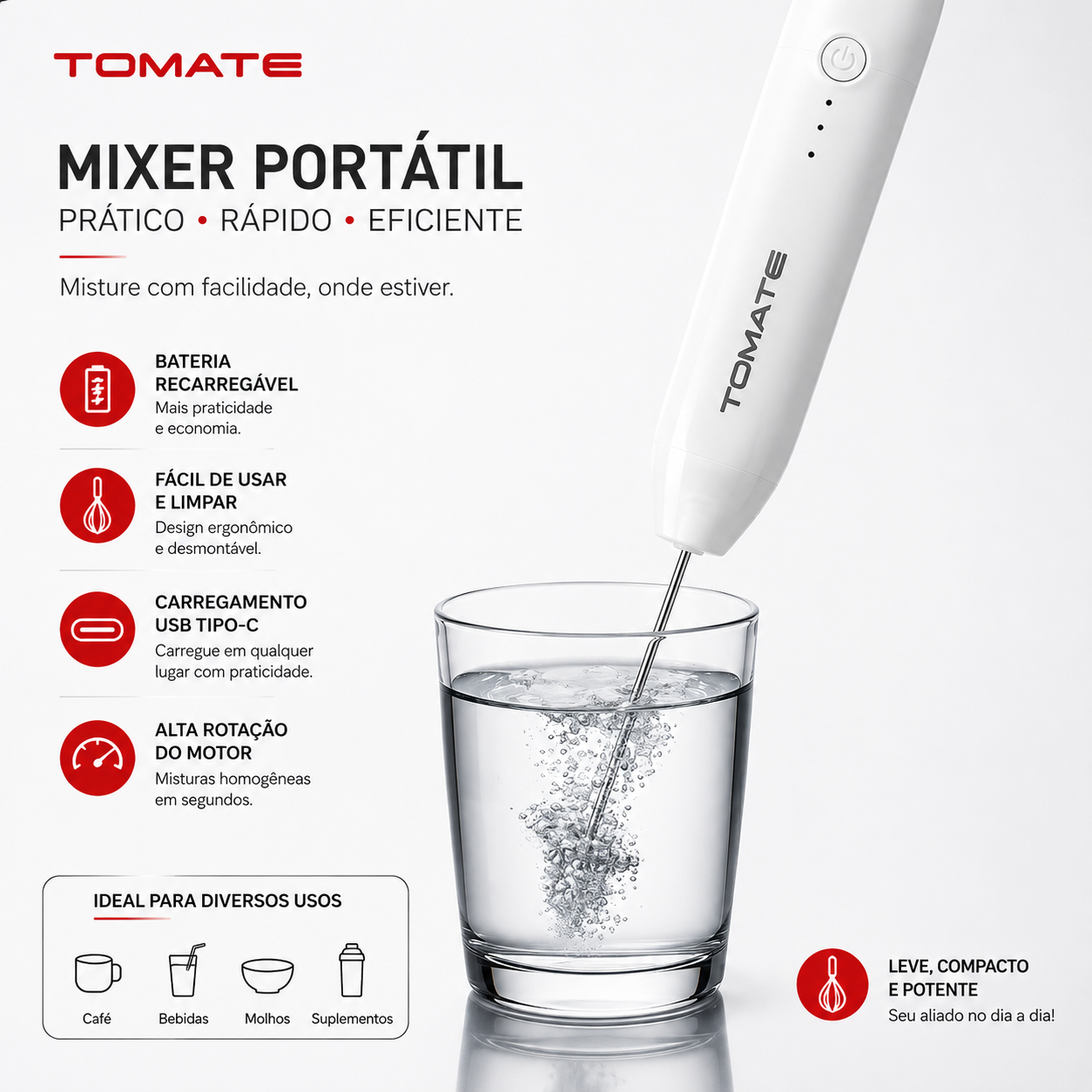 Mixer Portátil Tomate SRQ-003 Branco 3 Velocidades USB