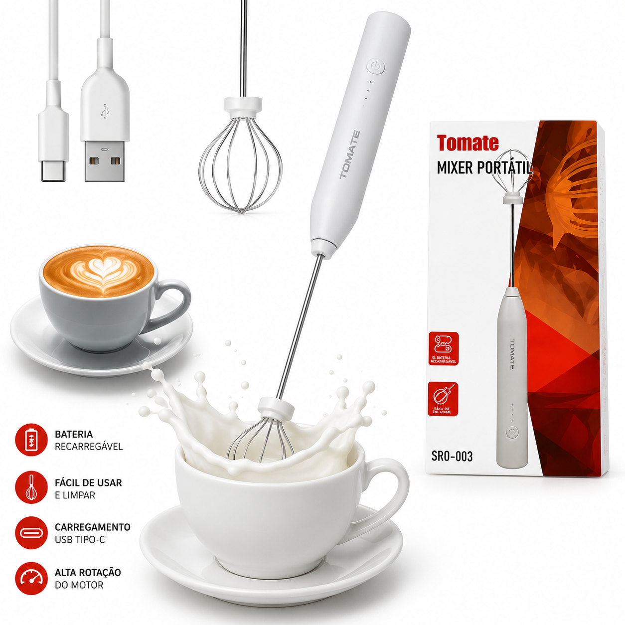 Mixer Portátil Tomate SRQ-003 Branco 3 Velocidades USB