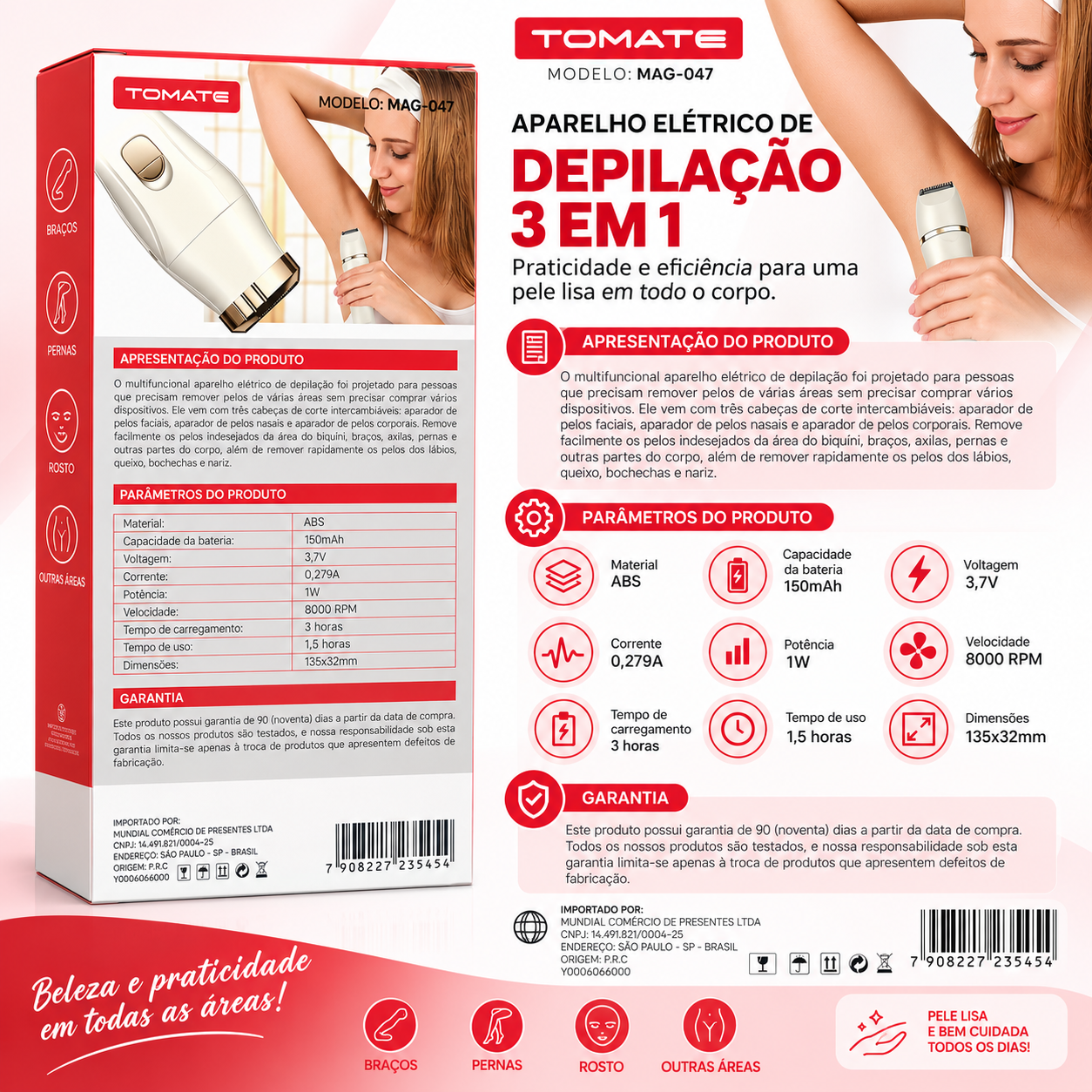 Aparelho Elétrico de Depilação 3 em 1 TOMATE MAG-047