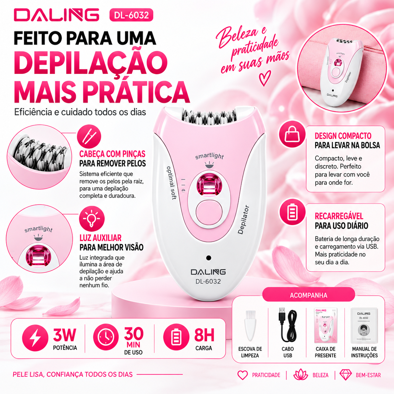 Depilador Elétrico Recarregável com Luz LED Daling SoftGlow DL-6032
