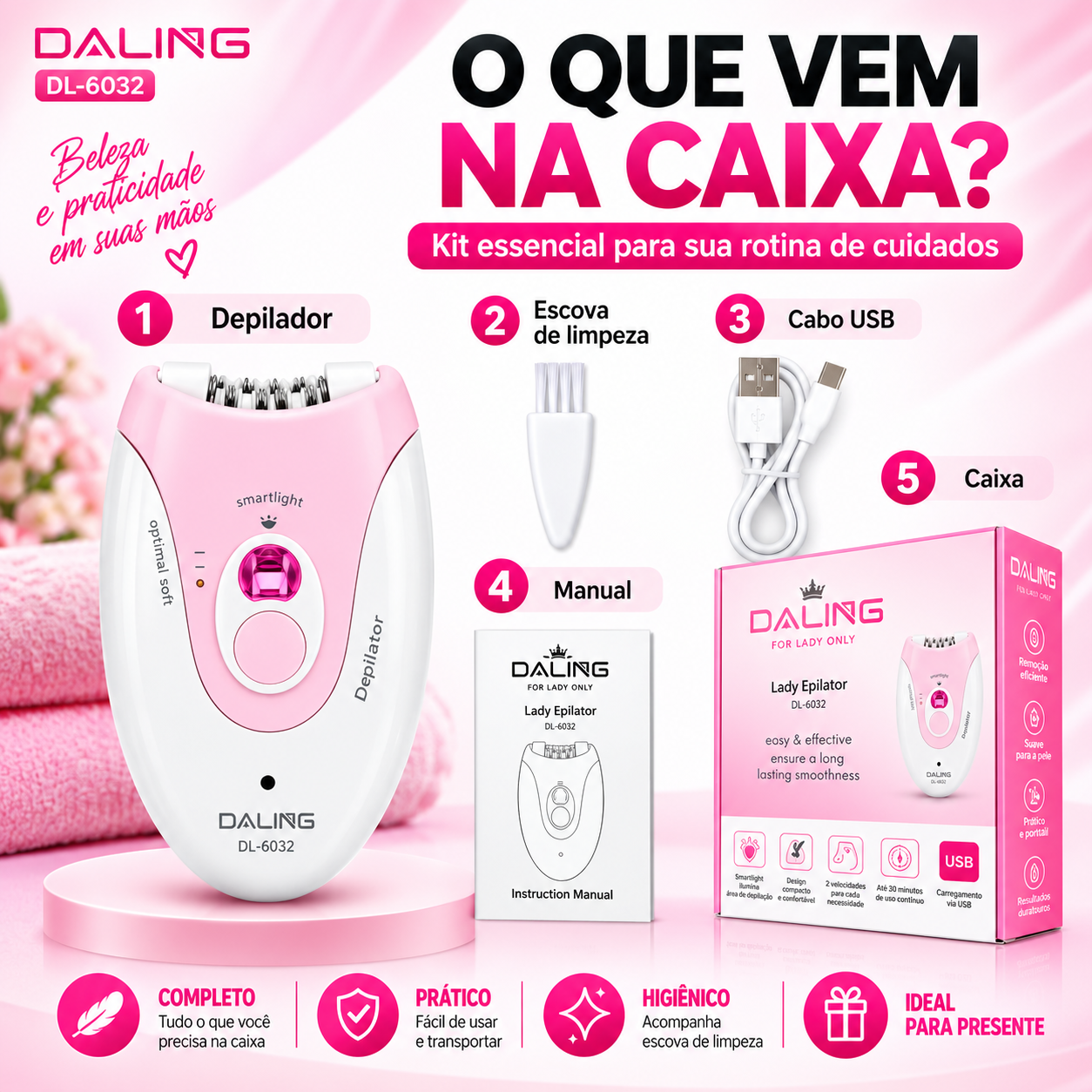 Depilador Elétrico Recarregável com Luz LED Daling SoftGlow DL-6032