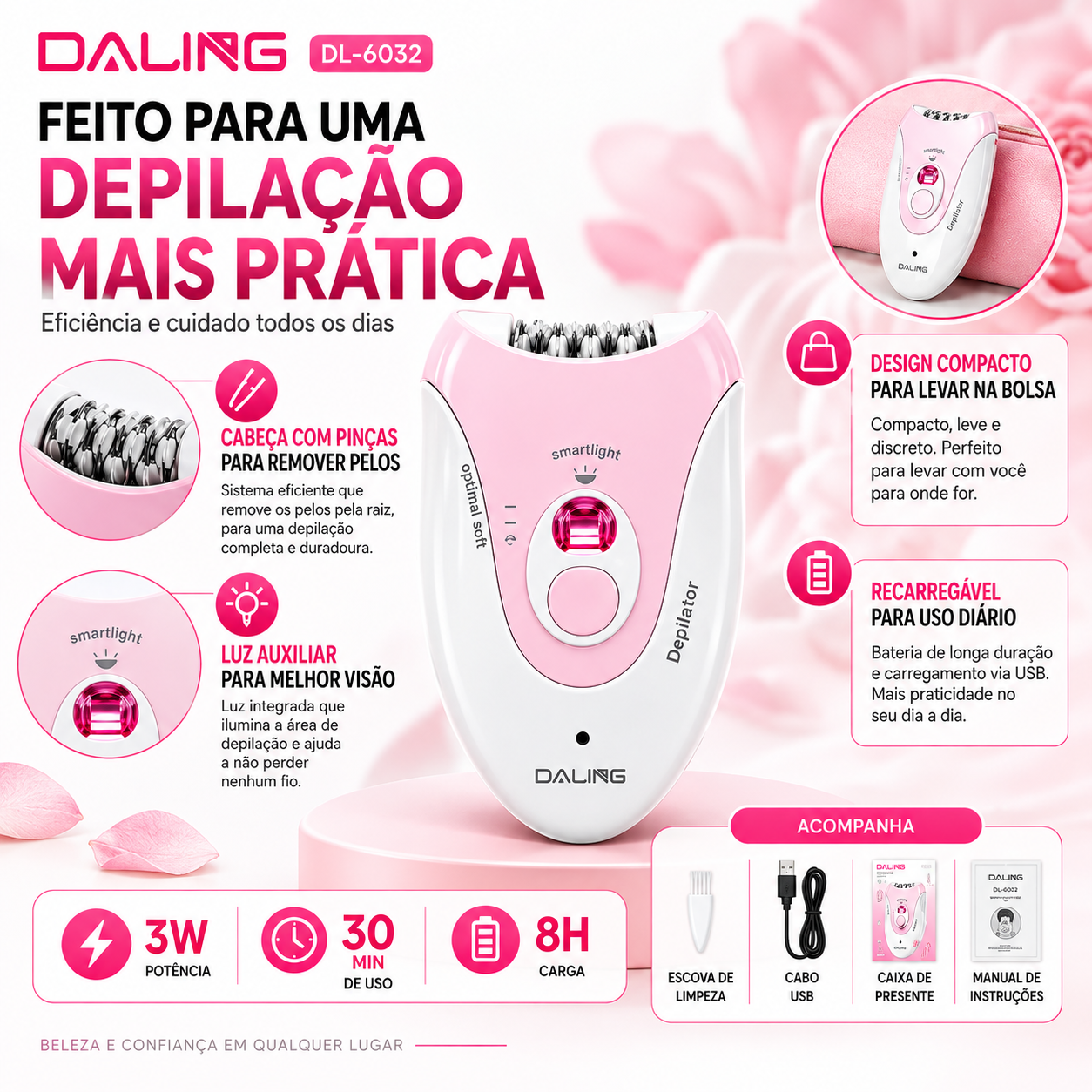 Depilador Elétrico Recarregável com Luz LED Daling SoftGlow DL-6032