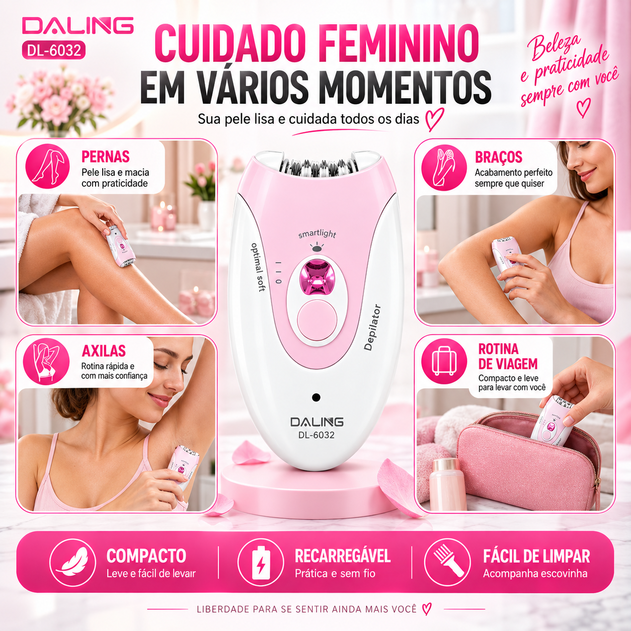 Depilador Elétrico Recarregável com Luz LED Daling SoftGlow DL-6032