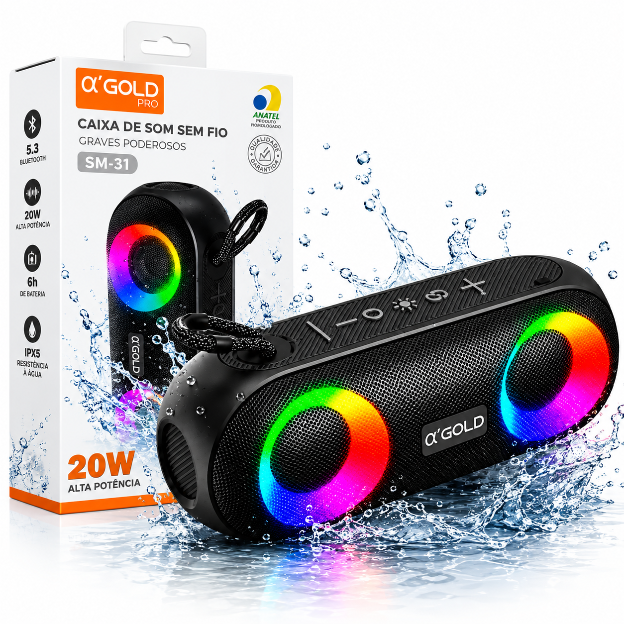 Caixa De Som A'gold SM-31 Bluetooth 20W RGB IPX6