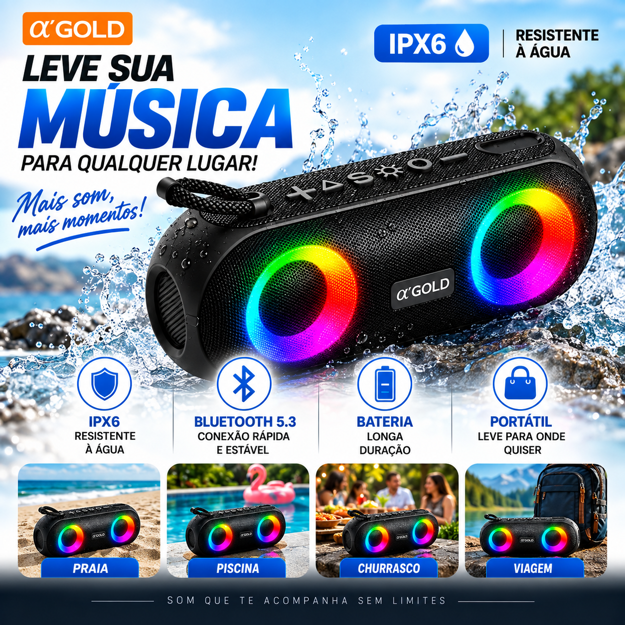 Caixa De Som A'gold SM-31 Bluetooth 20W RGB IPX6