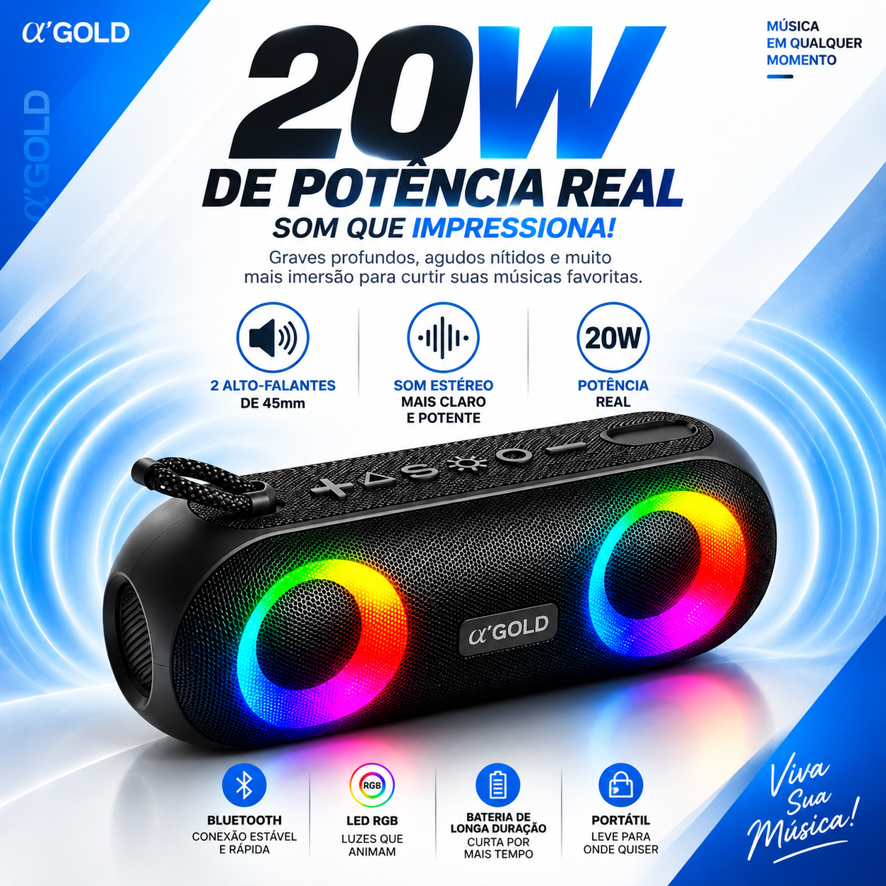 Caixa De Som A'gold SM-31 Bluetooth 20W RGB IPX6