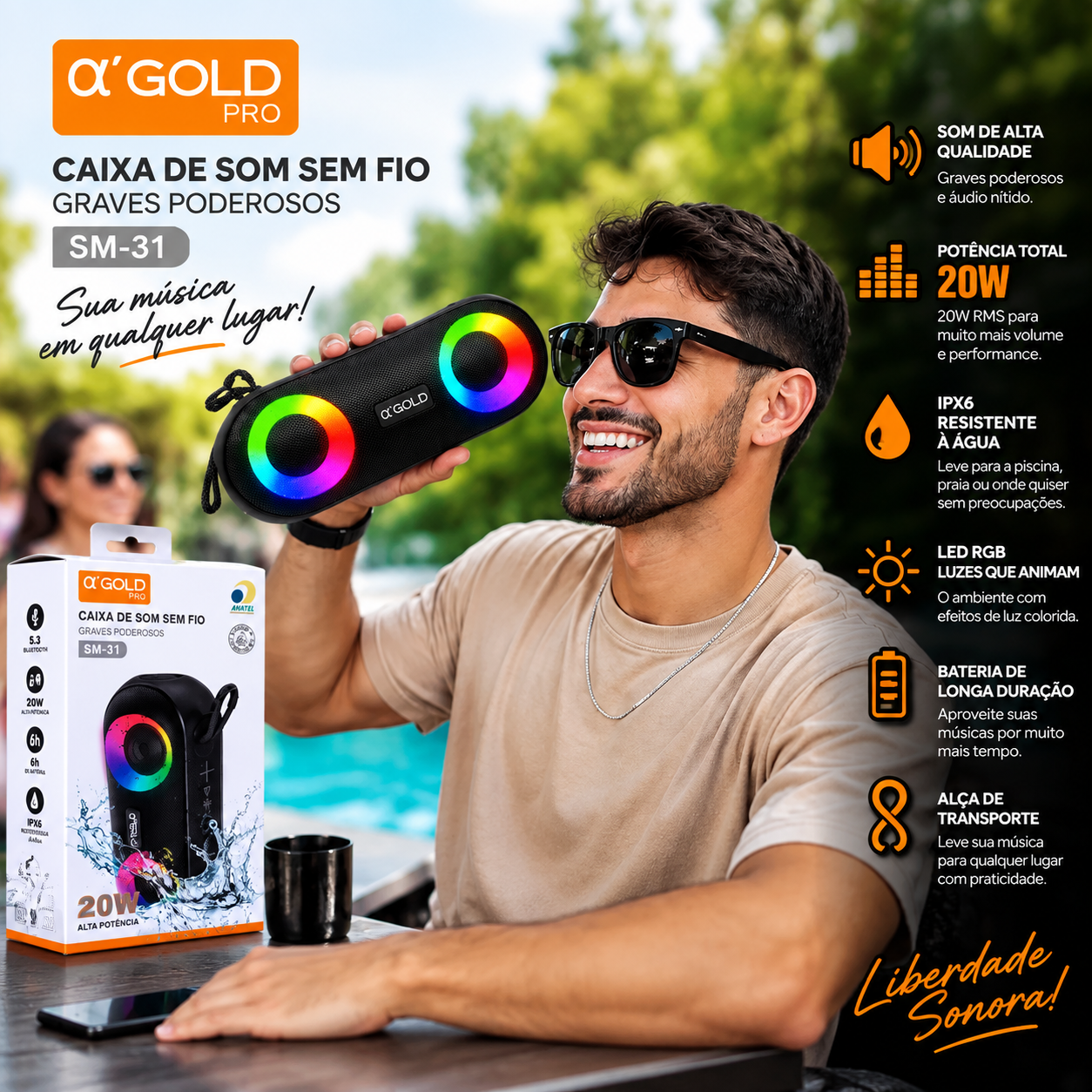 Caixa De Som A'gold SM-31 Bluetooth 20W RGB IPX6