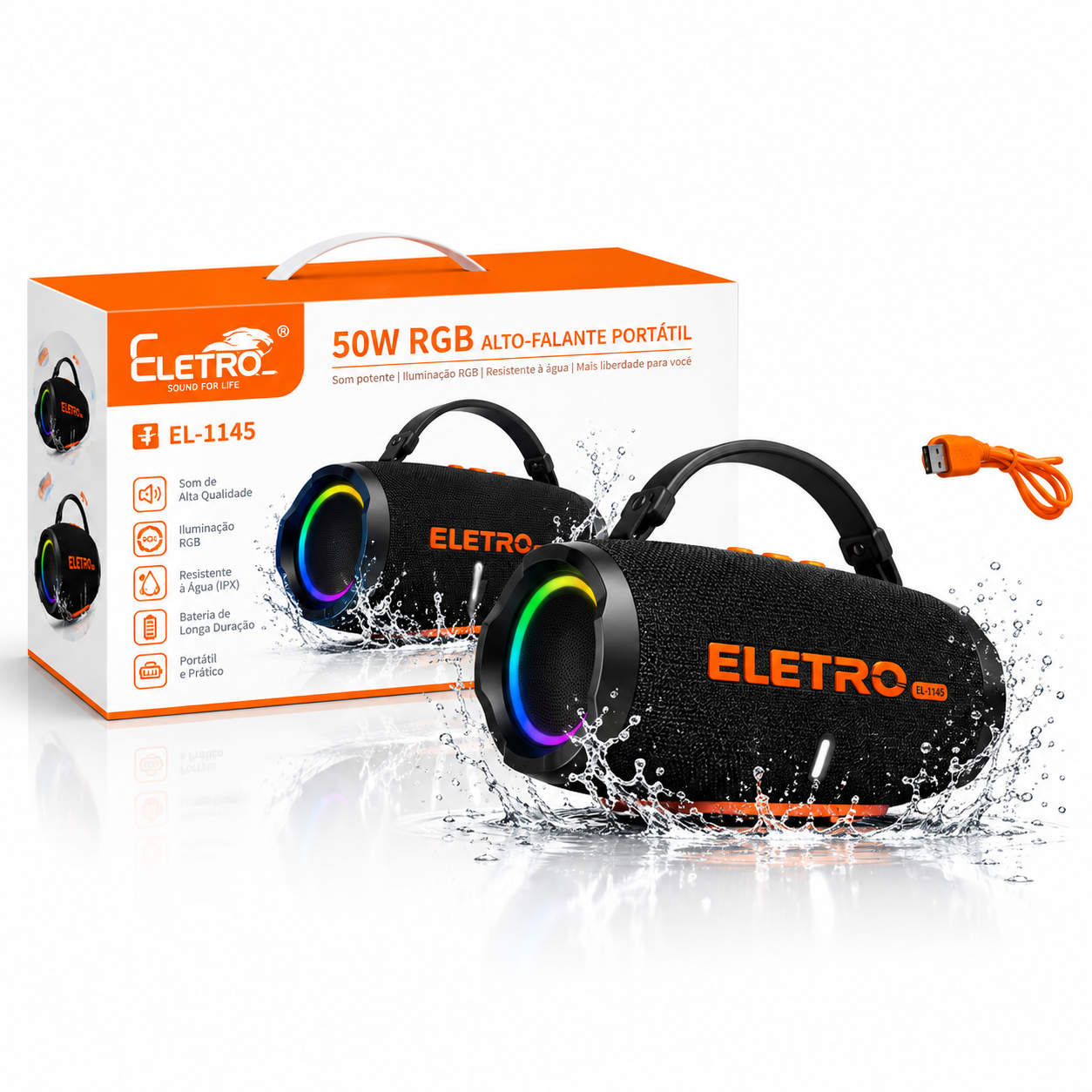 Caixa de Som Bluetooth EL-1145 com 50W, Iluminação RGB e Resistência à Água ELETROMEX