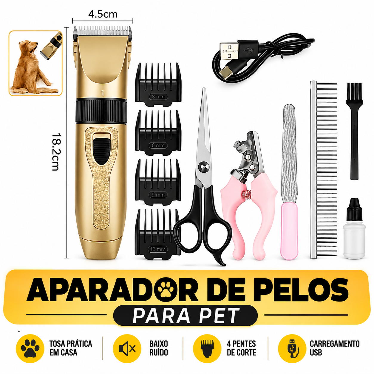 Kit Aparador Pet 12 Peças Máquina De Tosa Cães E Gatos LMF-1100 LUATEX