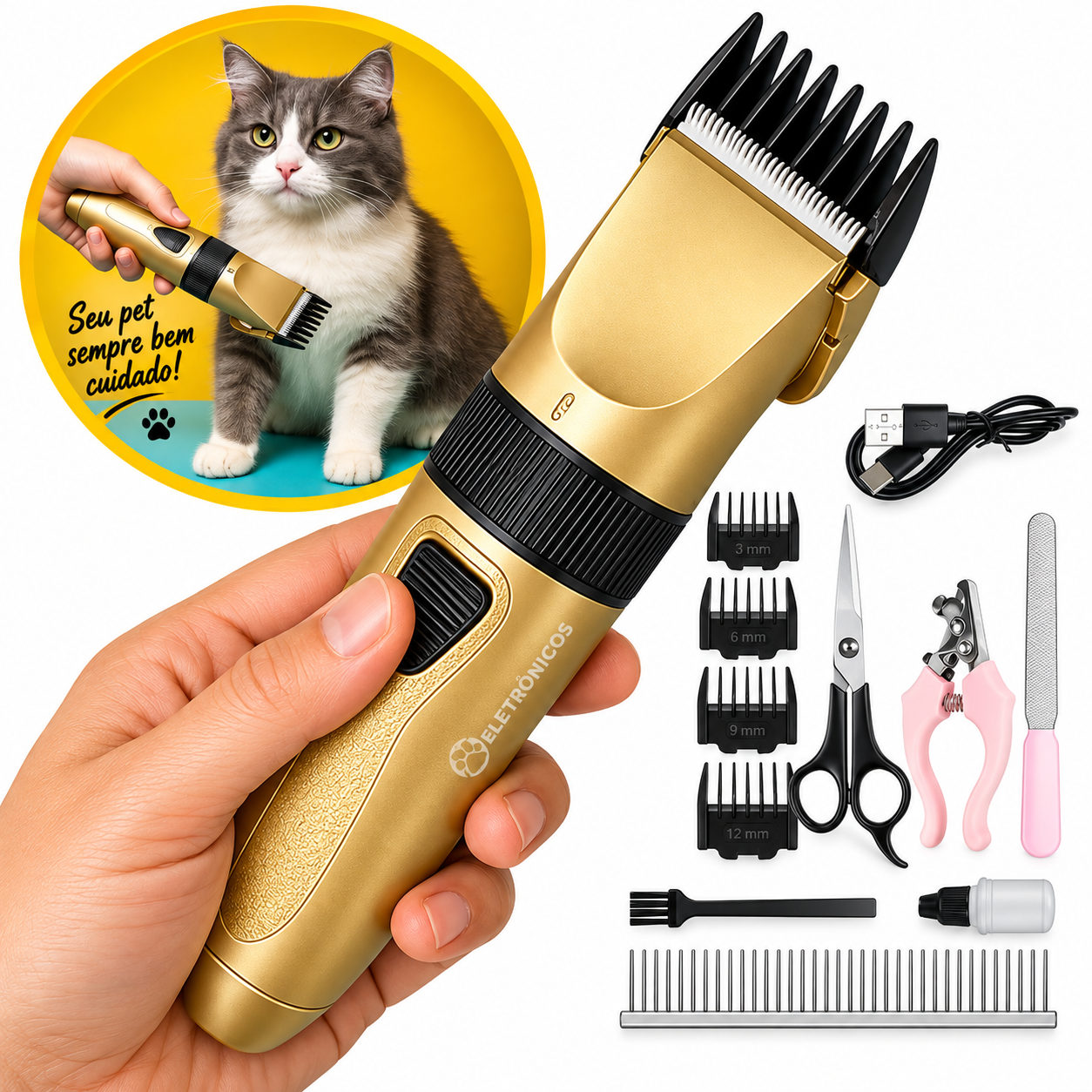 Kit Aparador Pet 12 Peças Máquina De Tosa Cães E Gatos LMF-1100 LUATEX