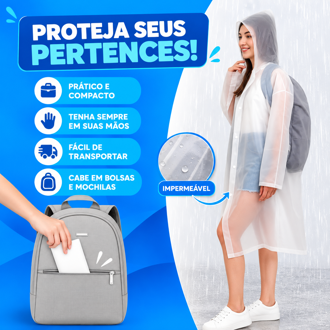 Capa De Chuva Capuz Reforçada PVC Transparente Resistente KAPBOM KA-Y37