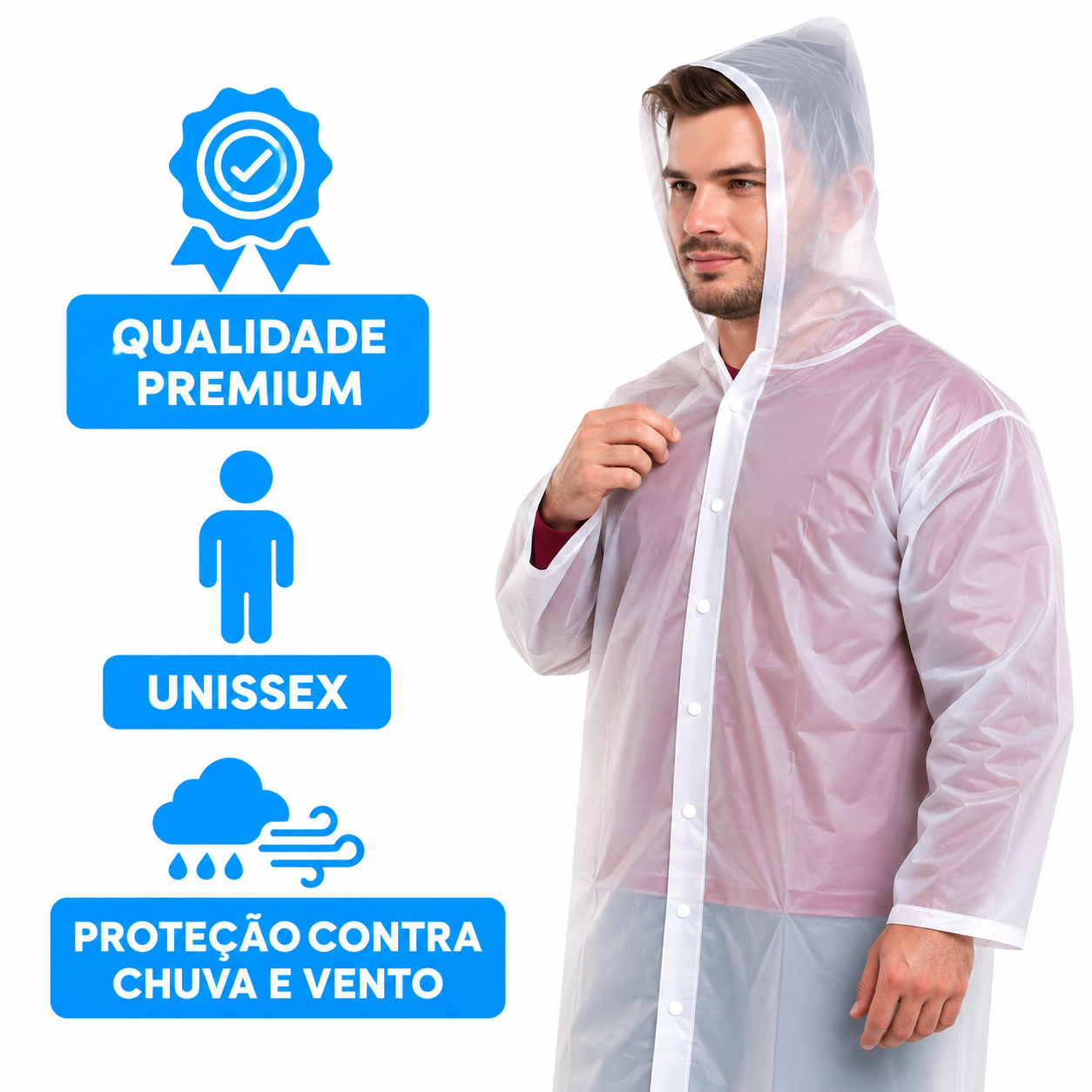 Capa De Chuva Capuz Reforçada PVC Transparente Resistente KAPBOM KA-Y37
