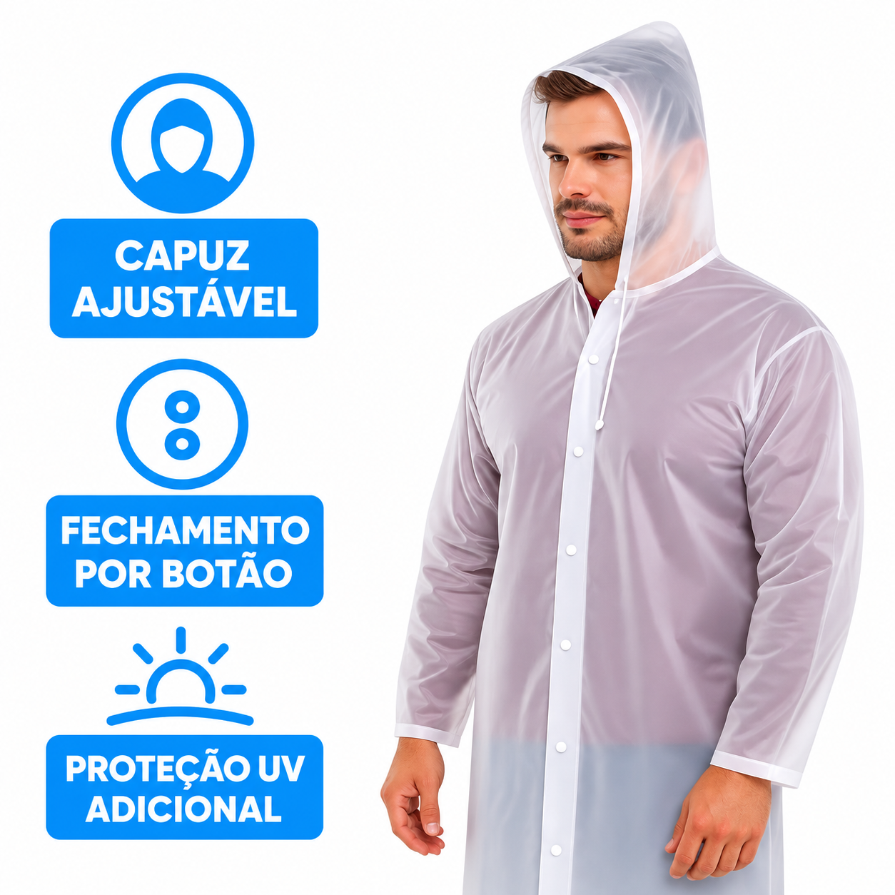 Capa De Chuva Capuz Reforçada PVC Transparente Resistente KAPBOM KA-Y37