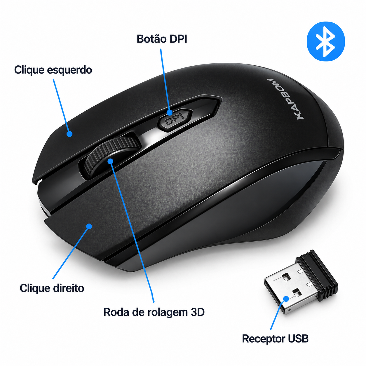 Mouse Sem Fio Gamer KAPBOM KA-612 Óptico Recarregável Preto Bluetooth