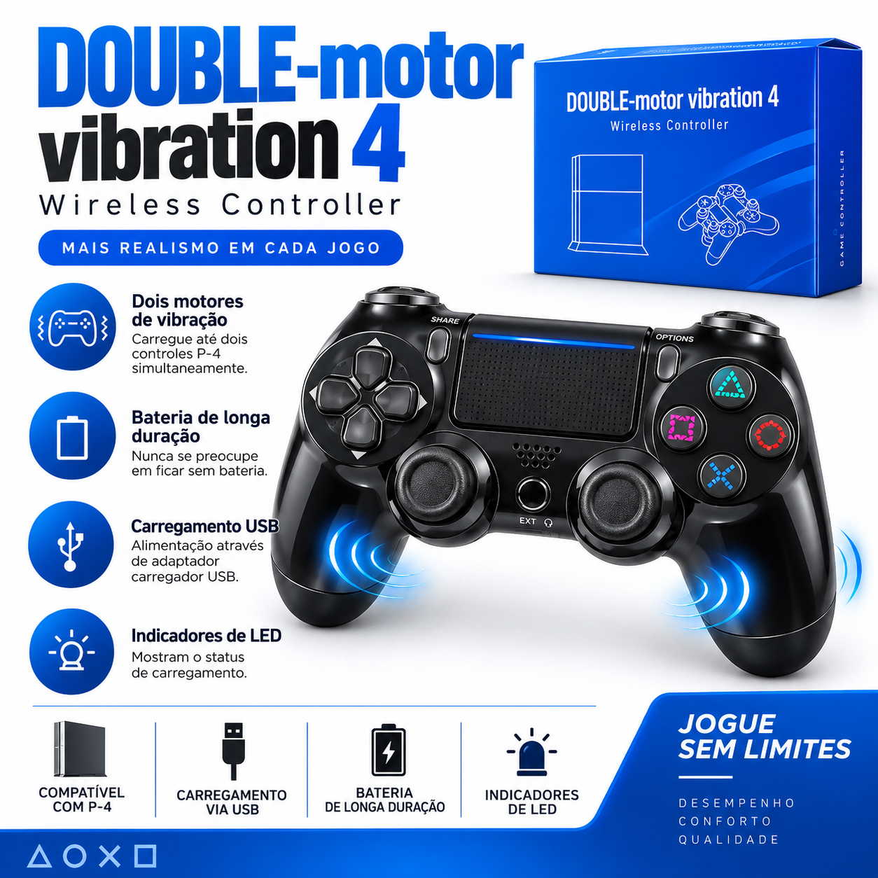 Controle Sem Fio para PS4 Double Motor Vibration 4 Bluetooth com Vibração, Touchpad e LED – Preto