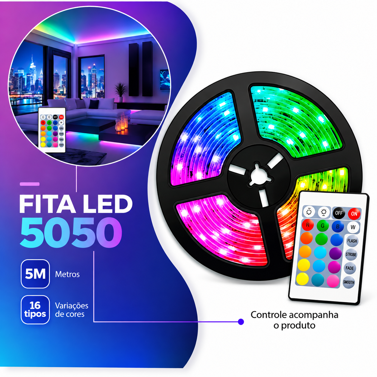 Fita Led RGB Rolo 5METROS + Controle + Fonte ALTOMEX AL-5050SK-5