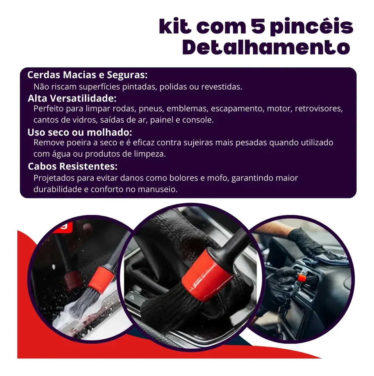 Jogo de Pincel Detalhamento e Limpeza Automotiva Jogo com 5 Peças de Tamanhos Diferentes