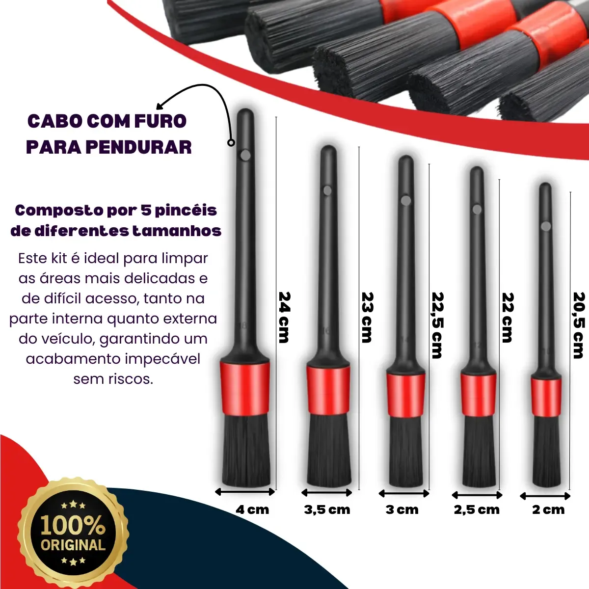 Jogo de Pincel Detalhamento e Limpeza Automotiva Jogo com 5 Peças de Tamanhos Diferentes
