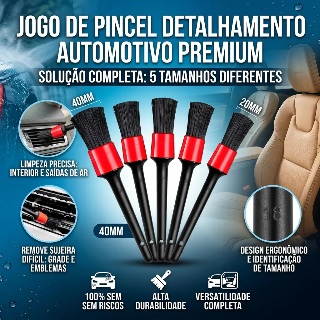 Jogo de Pincel Detalhamento e Limpeza Automotiva Jogo com 5 Peças de Tamanhos Diferentes