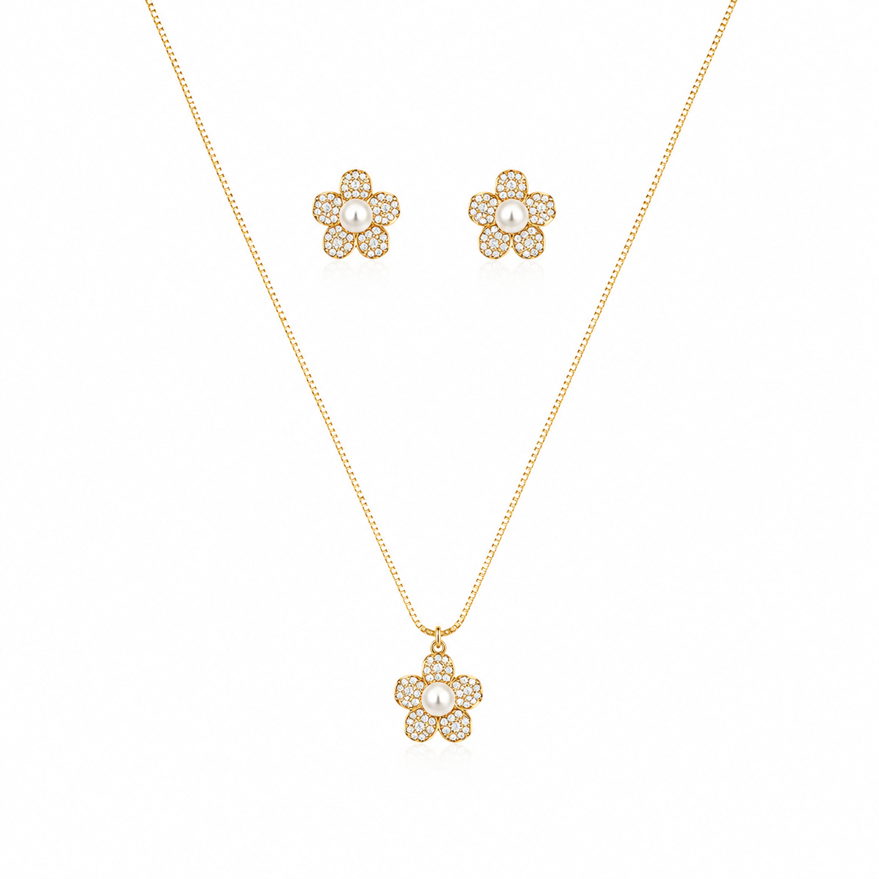 Conjunto Flor com Pérola Folheado a Ouro