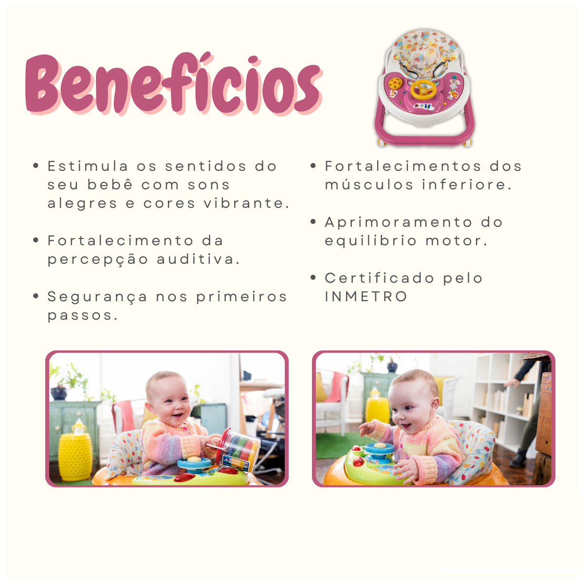 Andador Bebê Infantil Musical Sonoro Rosa Primeiros Passos