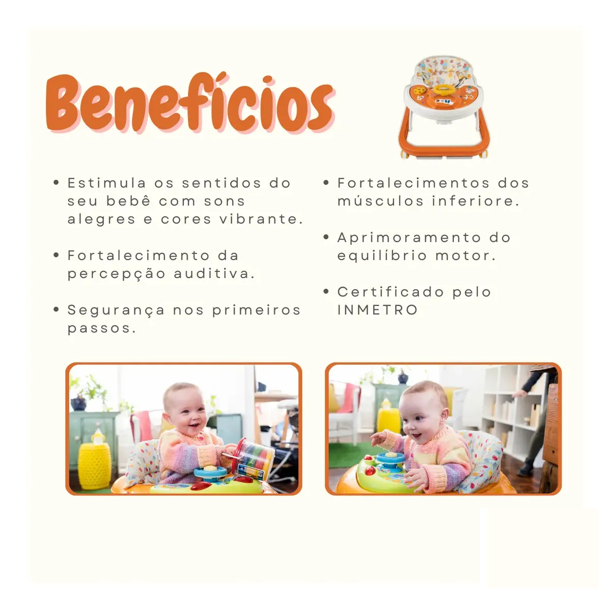 Andador Bebê Infantil Sonoro Laranja Primeiros Passos