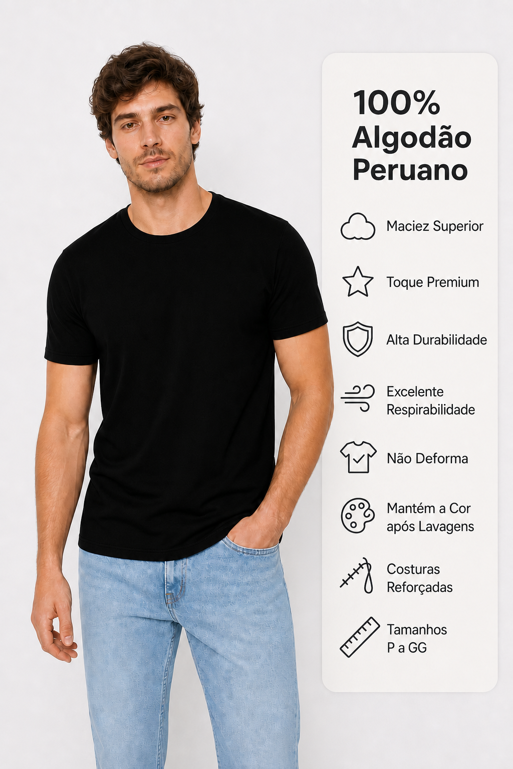 Camiseta Masculina Básica 100% Algodão Peruano Manga Curta