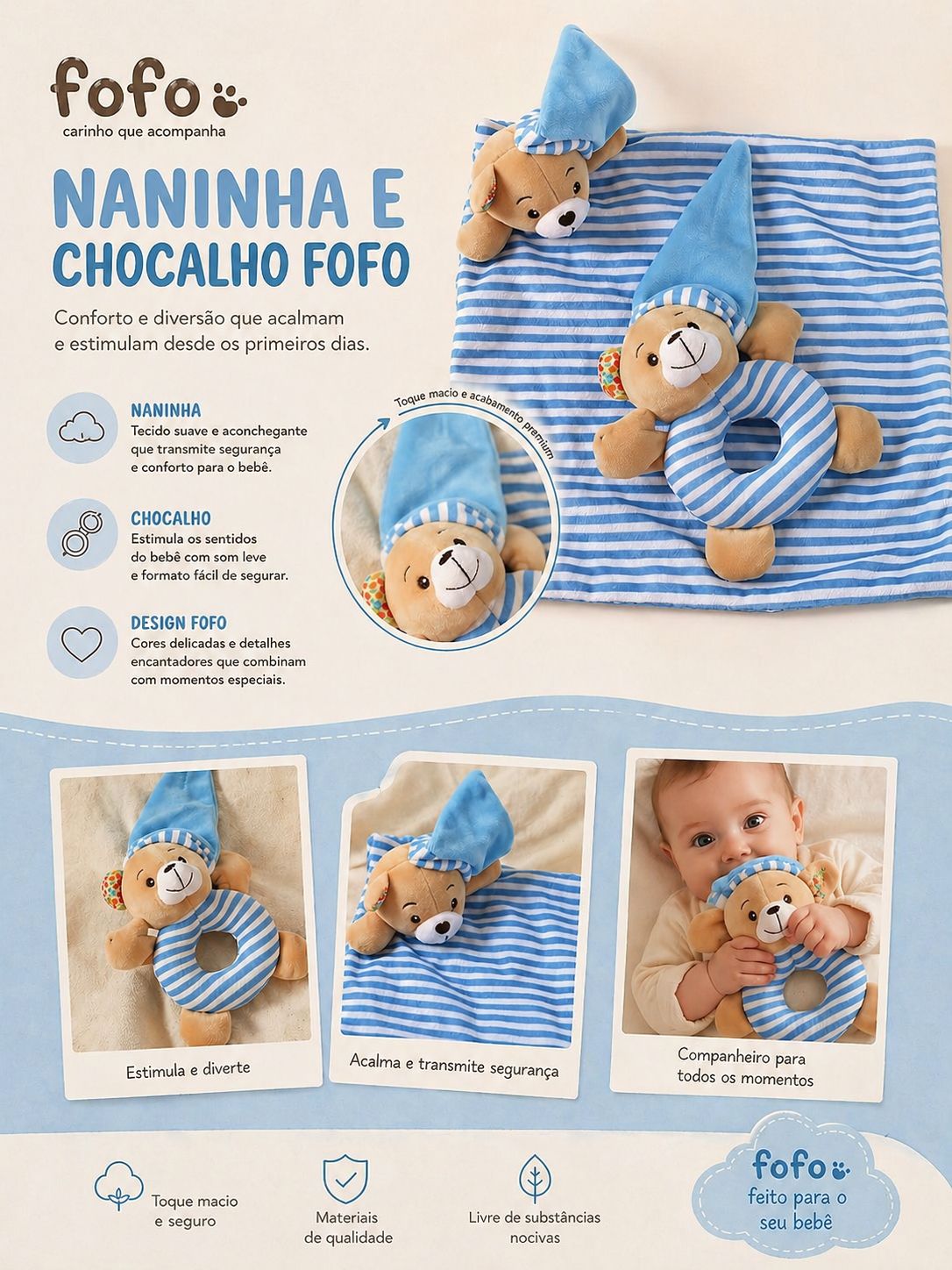 Naninha Pelúcia Para Bebê Com Chocalho Urso Love