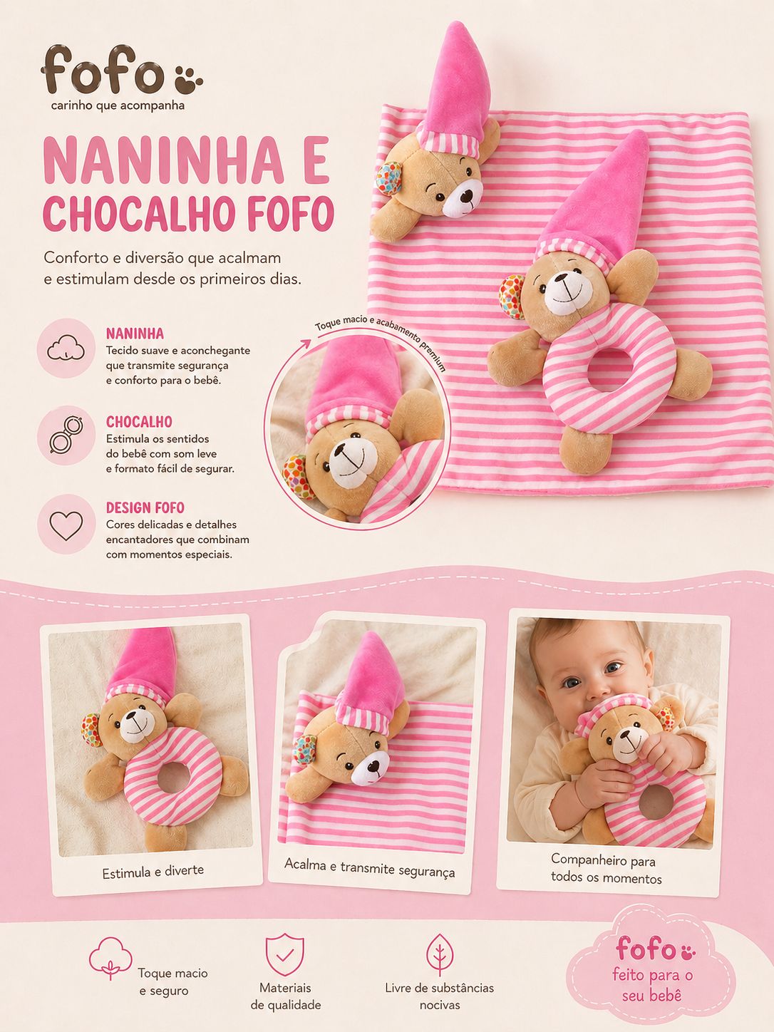 Naninha Pelúcia Para Bebê Com Chocalho Urso Love