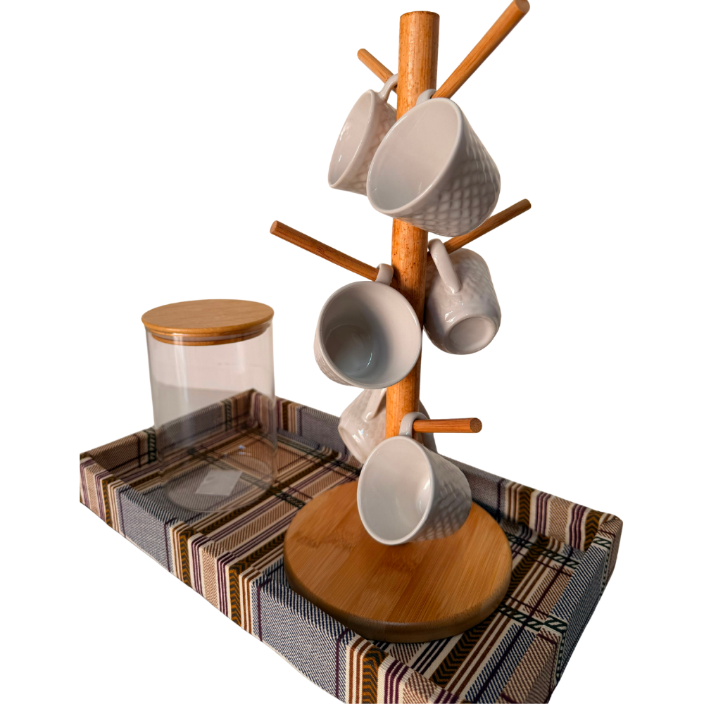 KIT CAFÉ COMPLETO XADREZ COM SUPORTE E POTE HERMÉTICO BAMBU