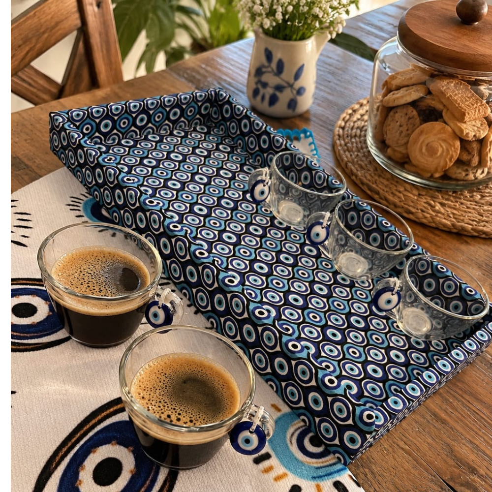 KIT CAFÉ OLHO GREGO - COM 6 XÍCARAS E TOALHA DE COPA | 8 PEÇAS