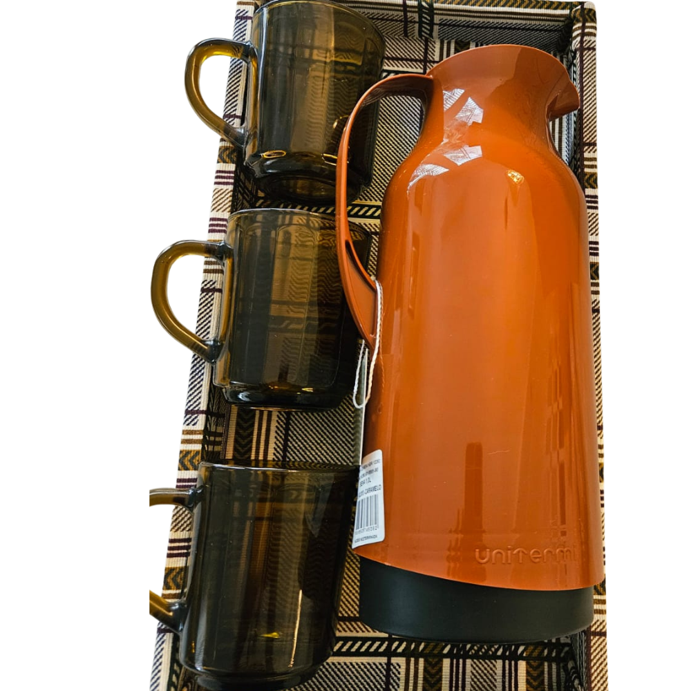 KIT CAFÉ CANECA XADREZ - COM GARRAFA TÉRMICA E CANECAS ÂMBAR | 5 PEÇAS