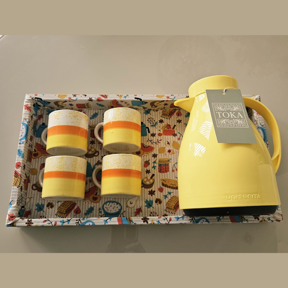 KIT CAFÉ DOCE COZINHA - COM GARRAFA TÉRMICA AMARELA E XÍCARAS | 6 PEÇAS