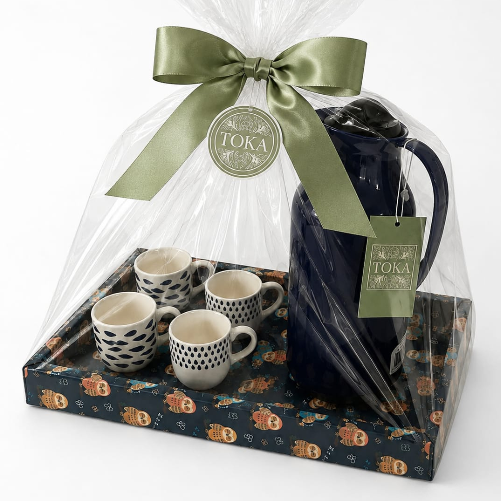 KIT CAFÉ CORUJA - COM GARRAFA TÉRMICA E XÍCARAS | 6 PEÇAS