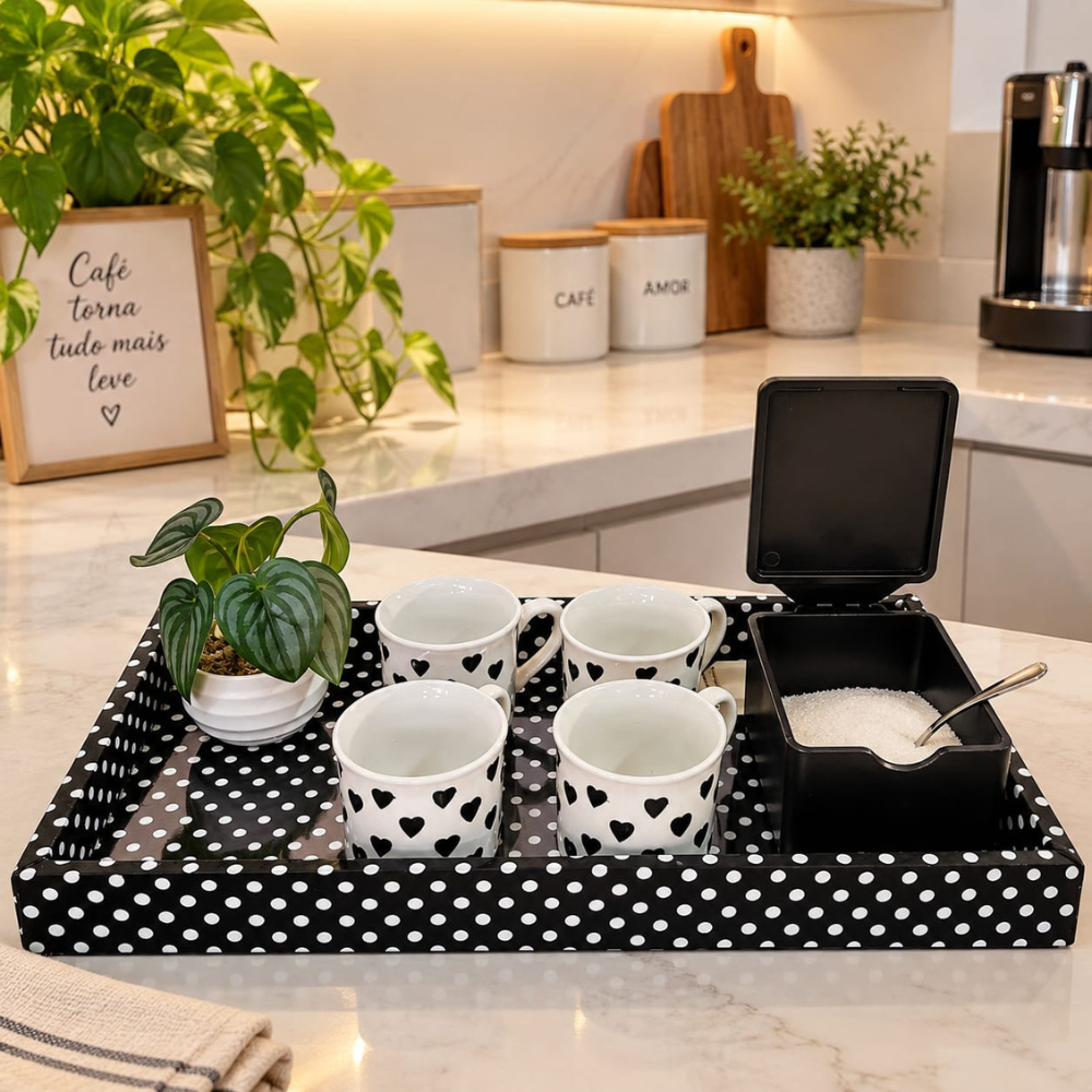 KIT CAFÉ POÁ - COM AÇÚCAREIRO E CANECAS CORAÇÃO PRETO & BRANCO | 8 PEÇAS
