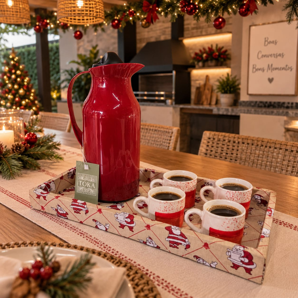 KIT CAFÉ XÍCARAS PAPAI NOEL - COM GARRAFA TÉRMICA E XÍCARAS BICOLOR | 6 PEÇAS